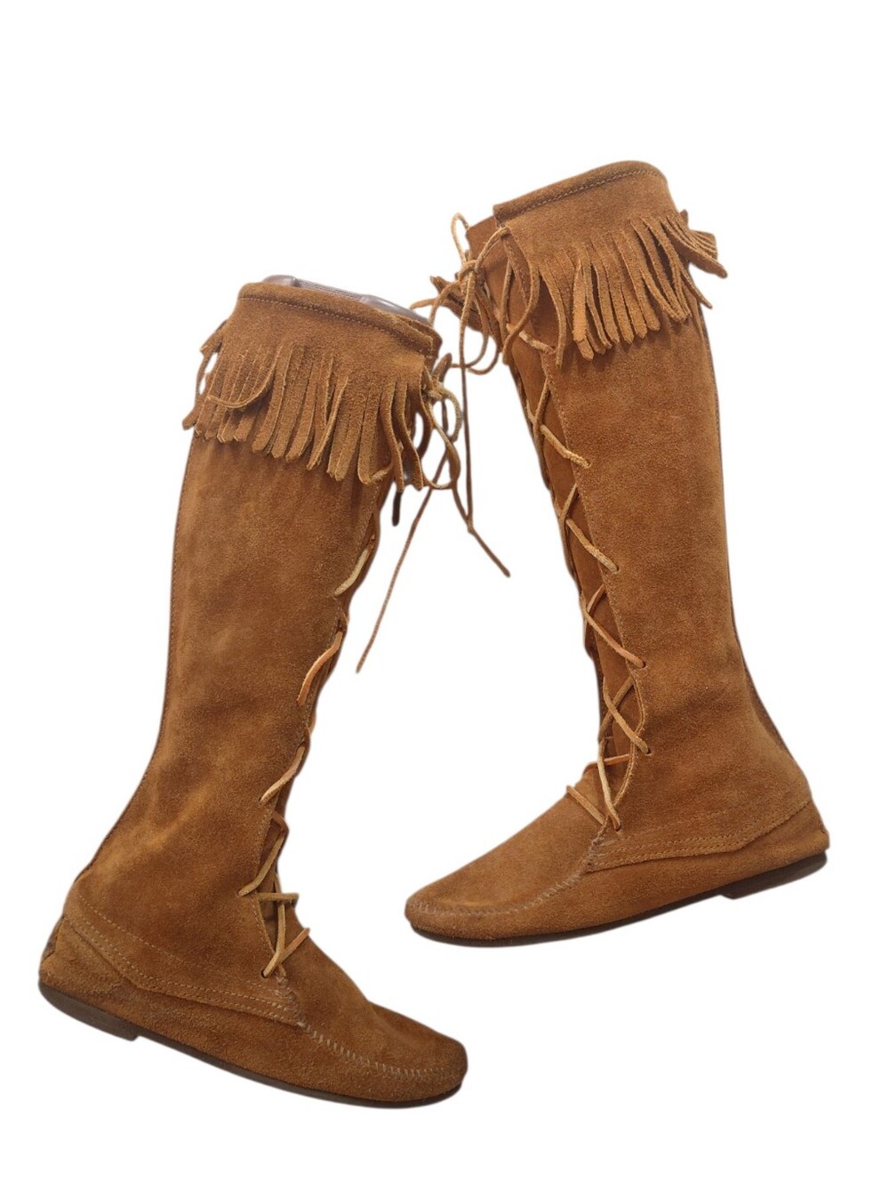 Minnetonka Chestnut Suede Fringed Lace-Up Knee-High Boots